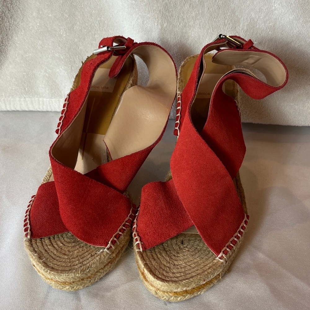 Dolce Vita wedge espadrille platform sandals in red suede like fabric S 8